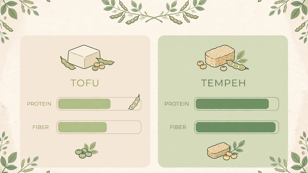 Infografica con i valori nutrizionali di tofu, tempeh, miso e natto a confronto