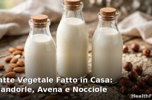Bottiglie di vetro con latte vegetale fatto in casa di mandorle, avena e nocciole accanto agli ingredienti