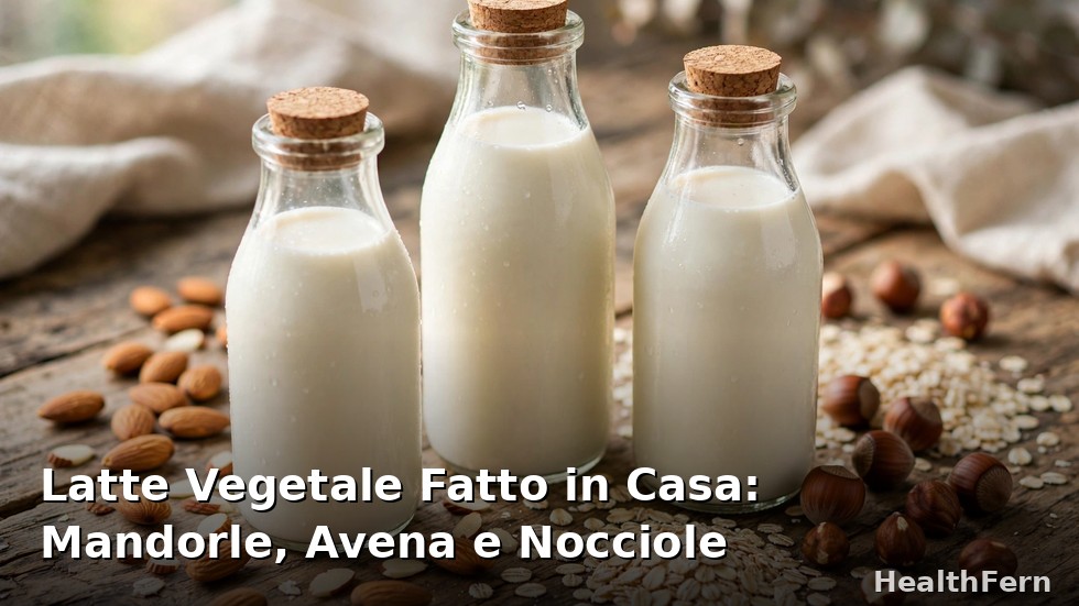 Bottiglie di vetro con latte vegetale fatto in casa di mandorle, avena e nocciole accanto agli ingredienti