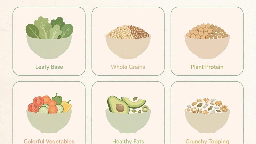 Infografica con la formula dell'insalata completa: i 6 componenti del piatto perfetto