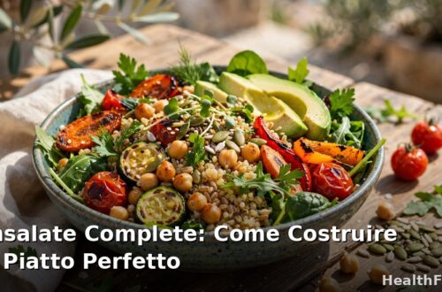Insalata completa colorata in una ciotola: cereali, legumi, verdure e semi su tavolo di legno