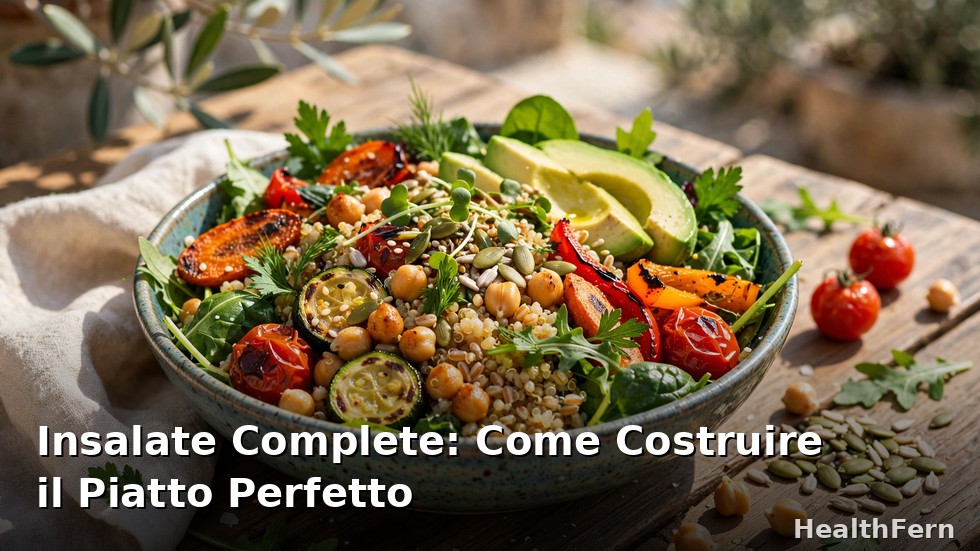 Insalata completa colorata in una ciotola: cereali, legumi, verdure e semi su tavolo di legno