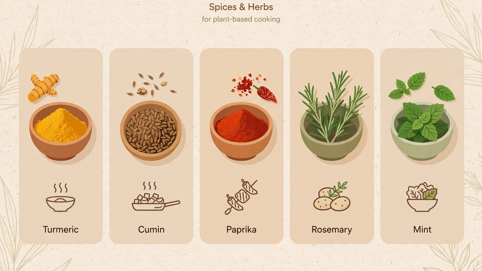 Infografica con le principali spezie ed erbe aromatiche: usi in cucina e note digestive