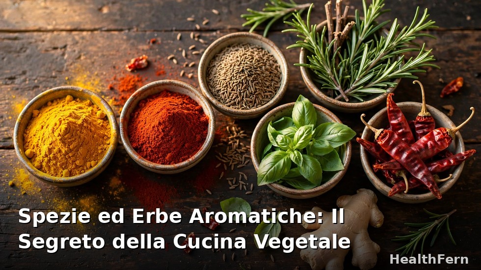 Spezie ed erbe aromatiche colorate in ciotoline: curcuma, paprika, rosmarino, basilico e cumino